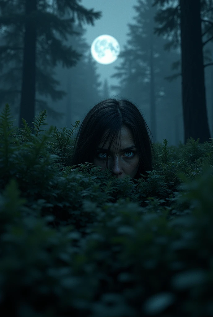 Human eyes looking out from a bush in a forest at night