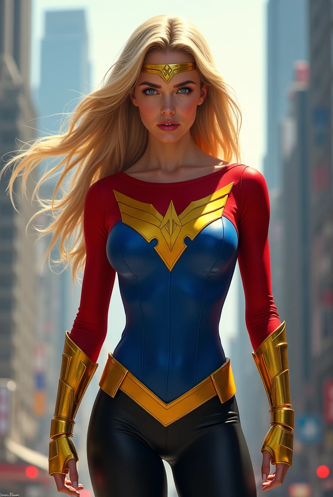 A beautiful woman with long blonde hair wearing a red and blue top with a yellow eagle-like emblem on her chest, black leggings, gold-colored boots and bracelets, and a gold-colored headband on her forehead.