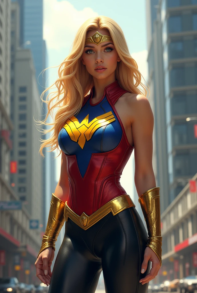 A beautiful woman with long blonde hair wearing a red and blue top with a yellow eagle-like emblem on her chest, black leggings, gold-colored boots and bracelets, and a gold-colored headband on her forehead.