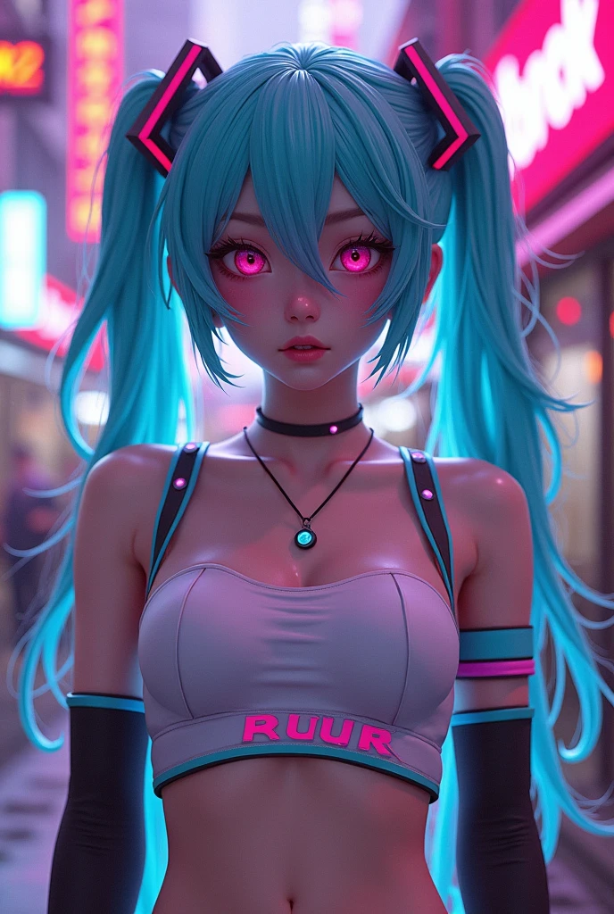 ((Hatsune Miku)), (blush), ((Luminous design)), Blue Hair, Pink Eyes, Expression, (downstream), (Edge), Colorful hair, sports鞋, Lower breasts, (cyberpunk), (punk), (((((Huge breasts))))), Neon skirt, sports, Necklace, carnival, Wristband, Sexy, Submissive, ((Natural Lighting)), (Radiosity, Ambient Occlusion, Anisotropic filtering), portrait, straight on, Contrasting,
