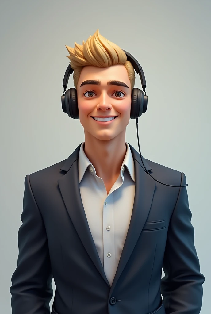 A blond with headphones and a suit with a smile