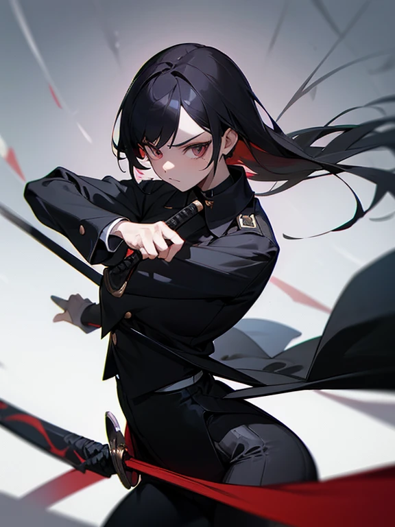 A female swordman,sharp eyes,black uniforn with collar and two-folded uniform,masterpiece,leggings,holding a longsword