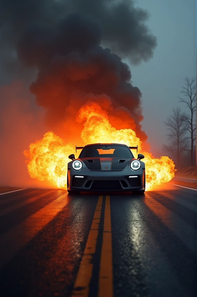 A captivating high-speed photograph of a porsche 911 gt3 rs car engulfed in flames and smoke, creating a dark fantasy ambiance. The car is traveling at a breakneck pace on a deserted, foggy highway, with only the headlights piercing through the ominous darkness. The flames and smoke billow from the car, casting eerie shadows on the surrounding environment. The overall atmosphere of the image is intense, chaotic, and hauntingly beautiful., dark fantasy