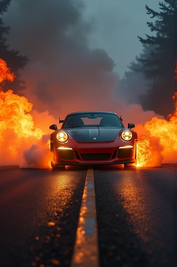 A captivating high-speed photograph of a porsche 911 gt3 rs car engulfed in flames and smoke, creating a dark fantasy ambiance. The car is traveling at a breakneck pace on a deserted, foggy highway, with only the headlights piercing through the ominous darkness. The flames and smoke billow from the car, casting eerie shadows on the surrounding environment. The overall atmosphere of the image is intense, chaotic, and hauntingly beautiful., dark fantasy
