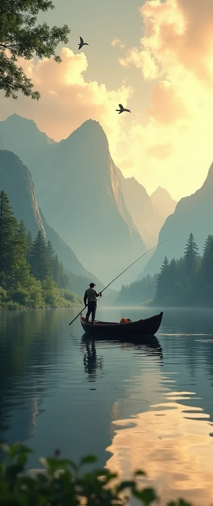 a pescador fishing with a rod in a beautiful lake, birds flying around, dawn lighting, sun rising on the horizon, mountains in the background, magical summer scene, tranquility, peace, (best quality,4k,8k,highres,masterpiece:1.2),ultra-detailed,(realistic,photorealistic,photo-realistic:1.37),stunning lake landscape,serene atmosphere,warm golden hour lighting,dramatic sky with clouds,detailed fishing boat,intricate bird shapes,lush green foliage,towering mountain peaks,golden sun rays,reflective lake surface,calming water ripples,picturesque vista,idyllic summer day