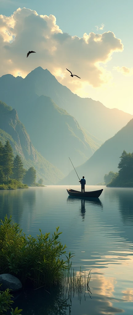 a pescador fishing with a rod in a beautiful lake, birds flying around, dawn lighting, sun rising on the horizon, mountains in the background, magical summer scene, tranquility, peace, (best quality,4k,8k,highres,masterpiece:1.2),ultra-detailed,(realistic,photorealistic,photo-realistic:1.37),stunning lake landscape,serene atmosphere,warm golden hour lighting,dramatic sky with clouds,detailed fishing boat,intricate bird shapes,lush green foliage,towering mountain peaks,golden sun rays,reflective lake surface,calming water ripples,picturesque vista,idyllic summer day