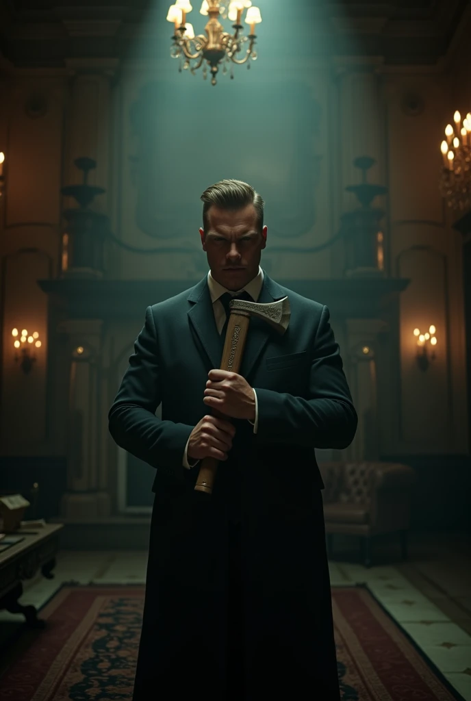 Alan Ritchson in the center holding an axe, with a mafia vibe, and the melancholic background like a slightly gloomy mansion.
