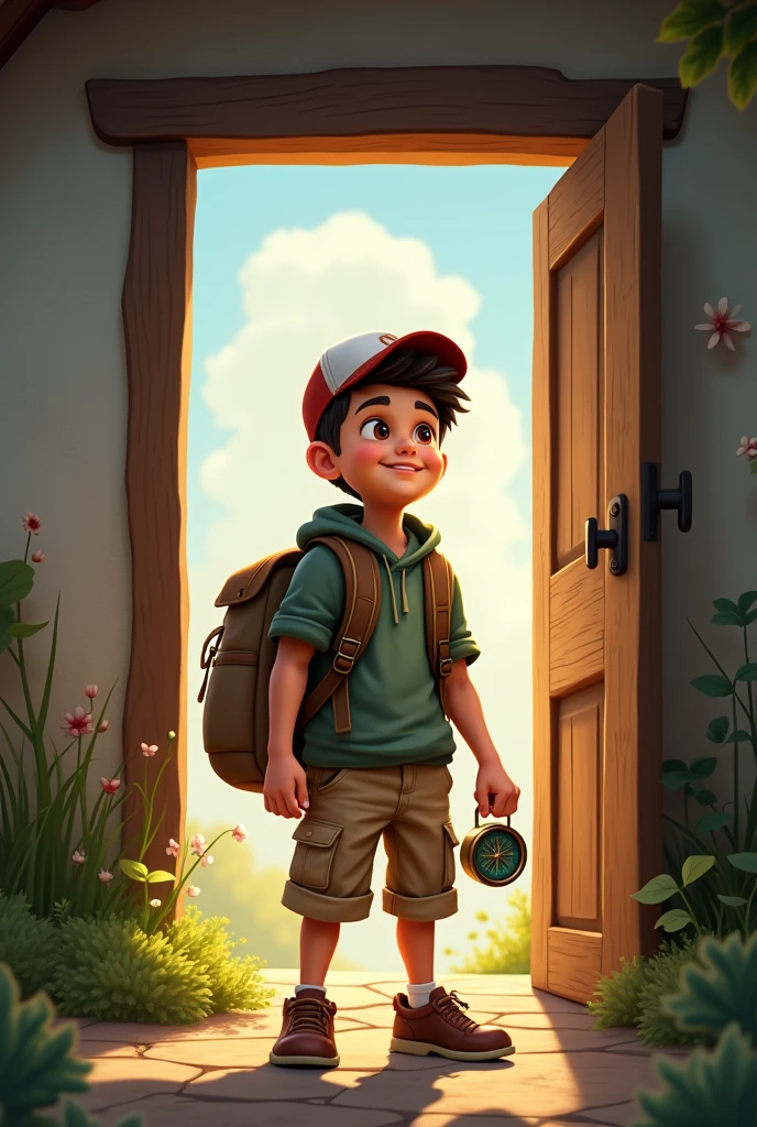A boy leaving his house with a backpack and a compass in his hand