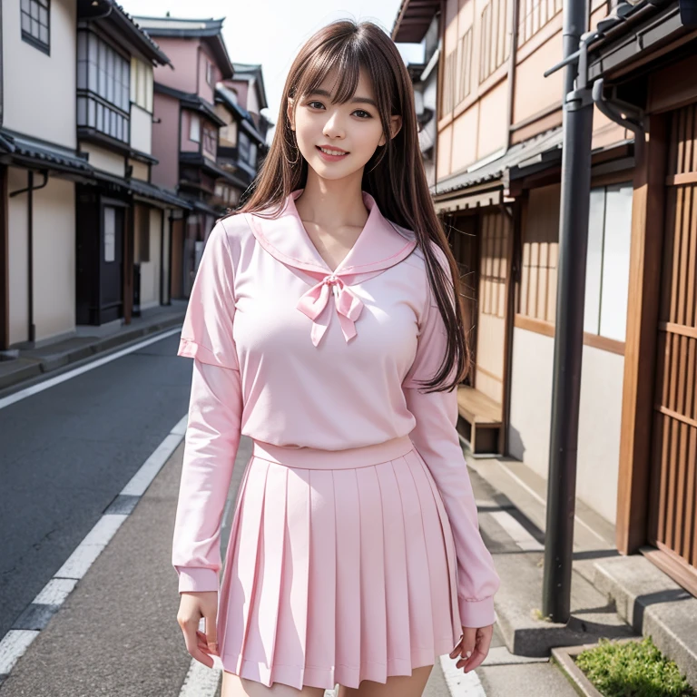 laughing out loud,pink collar, Wear student sailor uniform, 水手服是白色底pink collar,pink collar子,Pink pleated skirt,Pink navy collar,White sailor suit,(knee shot), 1 girl, On the face, light brown hair, blunt bangs, hair behind ears, Hair over the shoulders, long hair, Slender body type, Super thin face, face slimming, delicate lips, beautiful eyes, Thin blush, Eyes are light brown,Check it out here, (realistic:1.3), Standing next to a street in Kyoto, Japan, 8k, , Super detailed, high quality, best quality, High resolution, ,Large Breasts,H CUP, 3