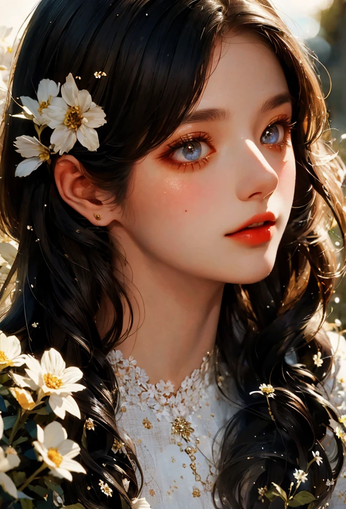 Young girl, flowers, close up view of viewer, peaceful, high resolution, silhouette, 3d texture, highly detailed, oil painting style, portrait, beautiful detailed eyes, beautiful detailed lips, highly detailed face, long eyelashes, natural light, vivid colors, cinematic composition, dreamy, transcendental, delicate, soft edges, masterpiece