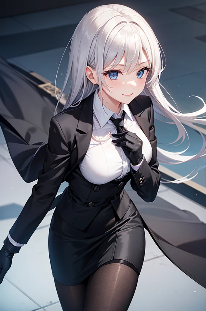 A woman in a black suit　Black tight skirt　White dress shirt　smile　Black tie　Black gloves