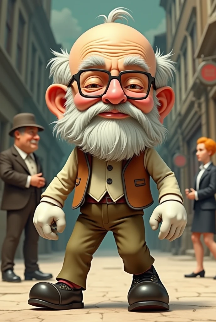 man old, large rectangular head, short wavy white hair and baldness, wearing square glasses with rounded corners, walking, 30&#39;s style, rubbery arms, white gloves rounded fingers, big shoe, smiling, round cheeks, long beard, drawn with black outline. SOCIAL CLOTHES, smaller and slightly pointy nose. a little bit quietly
