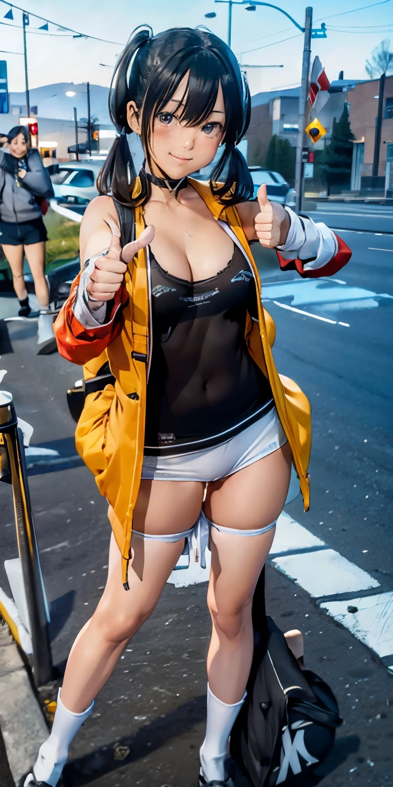 Browsing Caution,'(masterpiece, Highest quality, Very detailed, 8k wallpaper, Realistic), 1 person, Curvaceous yet super slender body、Blush smile, Big Breasts, See-through micro bikini top, Fleece jacket, hot pants, Knee-high socks, Showing off pussy、Bangles, choker, Twin tails, Backpack, street, Street lamp, Late Night、the way、(Hitchhiking pose with left arm raised horizontally and thumbs up:1.5)