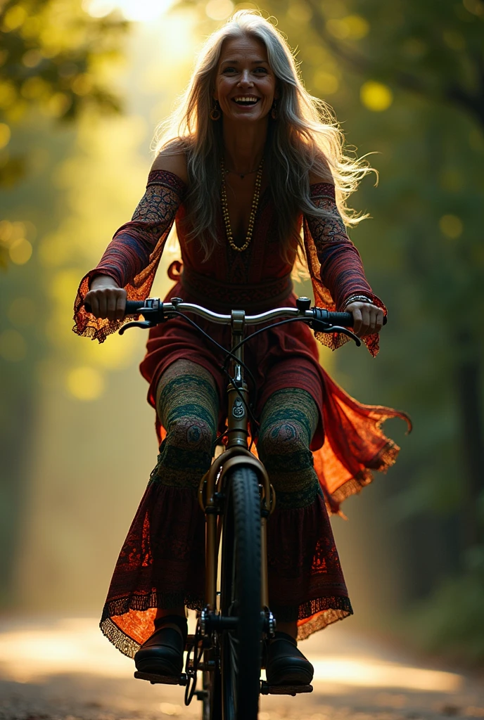 silhouette of 67 year old bohemian hippie woman riding a bike