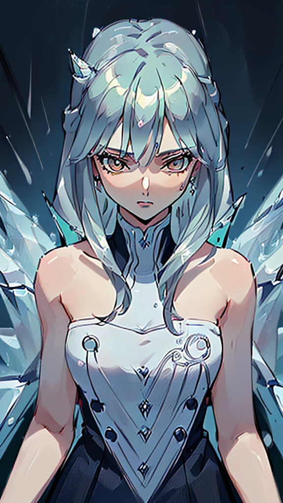 (((masterpiece, High resolution, accurate, Anatomically correct, most high quality, Very detailed, high quality, Ultra high definition:1.5))), Big Tits, Earrings, Sparkling eyes, moving line, Speed Line, mage,sexy pose,(((upper body,one woman,master of ice,Cowboy Shot, :1.5))),smile,Different world,another world,city、throne