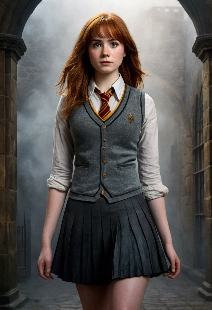 An illustrated movie poster, hand-drawn, full color, a age Hogwarts student, 18-years-old, female, wearing a charcoal vest and a pleated skirt, athletic hourglass figure, full wide hips, massive round butt, long shapely legs, ridiculously thick powerful thighs, vibrant eyes, deep dark auburn hair, thick shaggy bangs, flushed sun-kissed complexion, freckles, resembles Karen Gillan, standing in a foggy Hogwarts courtyard, surrounded by mist, graphite shading, stencil marks, airbrushed acrylic paint, masterpiece, close-up shot, in the style of the Deathly Hallows