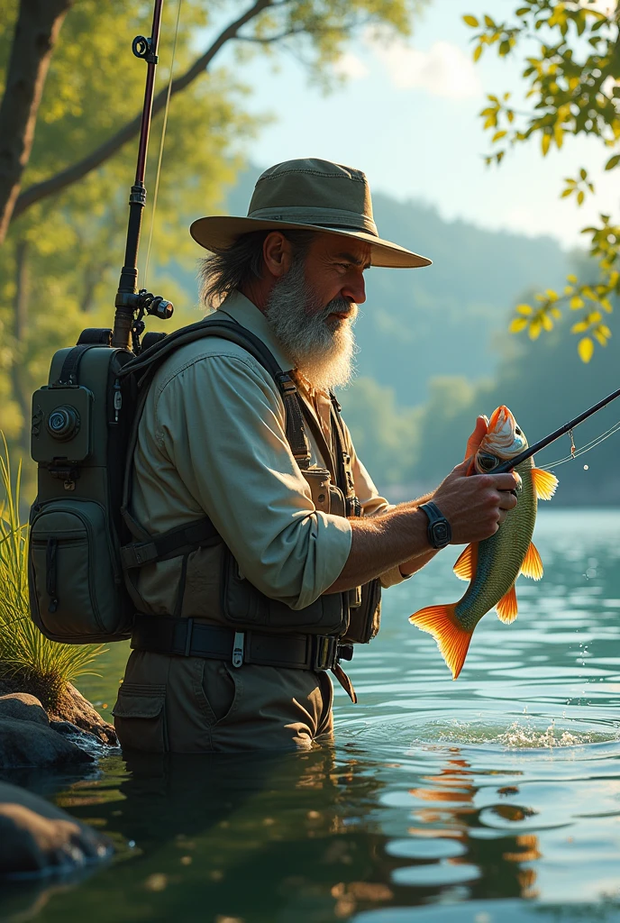 ((Best quality, 8k, Masterpiece :1.3)),Fishing,hit a fish
