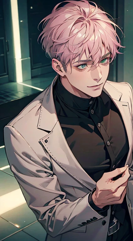 a mature man with short grey pink hair, green eyes, 31 years, and a perfect face, smiling in love, CEO, cinematic lighting, 1:4 HDR image, top view, ultra detailed, best quality, masterpiece, 8K, photorealistic, beautiful image