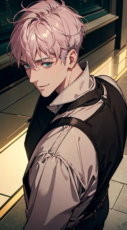 a mature man with short grey pink hair, green eyes, 31 years, and a perfect face, smiling in love, CEO, cinematic lighting, 1:4 HDR image, top view, ultra detailed, best quality, masterpiece, 8K, photorealistic, beautiful image