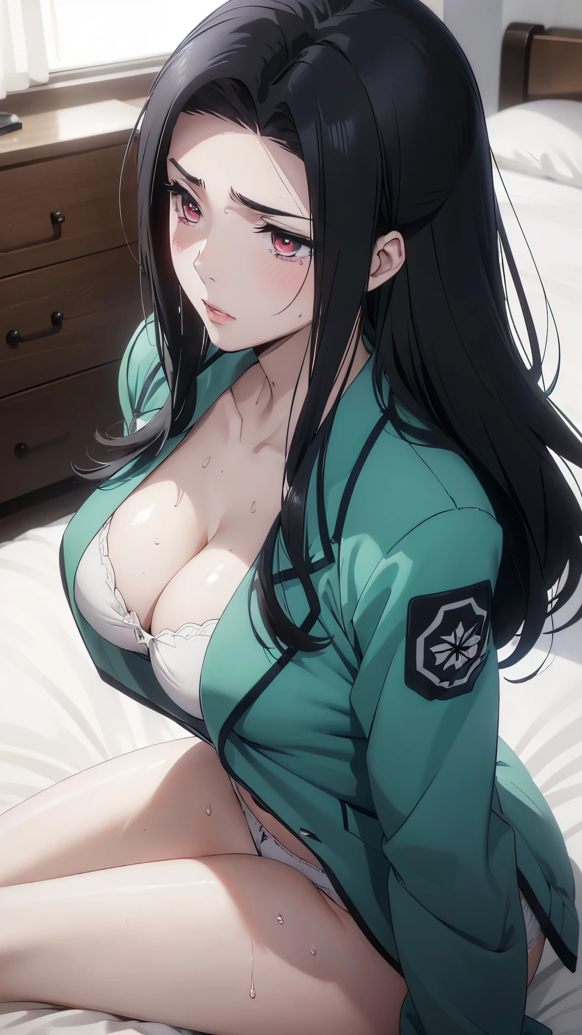 1 personの, alone, masterpiece, Highest quality, The Irregular at Magic High School, Mayumi Saegusa,Mayumi Saegusa, iris, Red eyes, eyelash, Black Hair, Long Hair, Back ribbon,High School Uniform, Green jacket, Cropped jacket, Open jacket, Long sleeve,  (masterpiece: 1.3), (Maximum resolution: 1.2), (Ultra HD TV: 1.2), Cinematic Light, 8k resolution, Detailed facial features , (Sharp focus: 1.2）, (Focus on the face:1.2),Perfect Style, Beautiful Face, Acura, Anatomically correct, Highly detailed face and skin texture, Beautiful Eyes,Beautiful Eyes, Thin eyebrows, Natural Cheeks, Glowing Skin, Fair skin: 1.2, (Glossy Lips: 1.4),、 (Embarrassed look: 1.2),Highly detailed face and skin texture, Natural Cheeks, , Glossy Lips: 1.4,Perfect Style、Cleavage、Soft Breasts、（Semen on chest:1.6）（Cum on thighs 1.5）、 Overflowing sperm、Drenched in sweat、Wet clothes、blush、A humiliating look、Anxious expression、Frightened expression、Embarrassed look、Glare、anger、sorrow、tears、（Open your knees:1.5）、（Spread your legs:1.5）、 White underwear、Disheveled clothes、sweating、Thin underwear、18-year-old、 clear, A clean-cut woman,1 person、 Upward-facing chest, Black Hair、blue eyes、Beautiful Eyes、Torn clothing、（Being sexually assaulted by a violent man:3.0）、At the bed、（On my back、At the bedLying down、Lying down、White sheets:1.7）、avert your eyes、