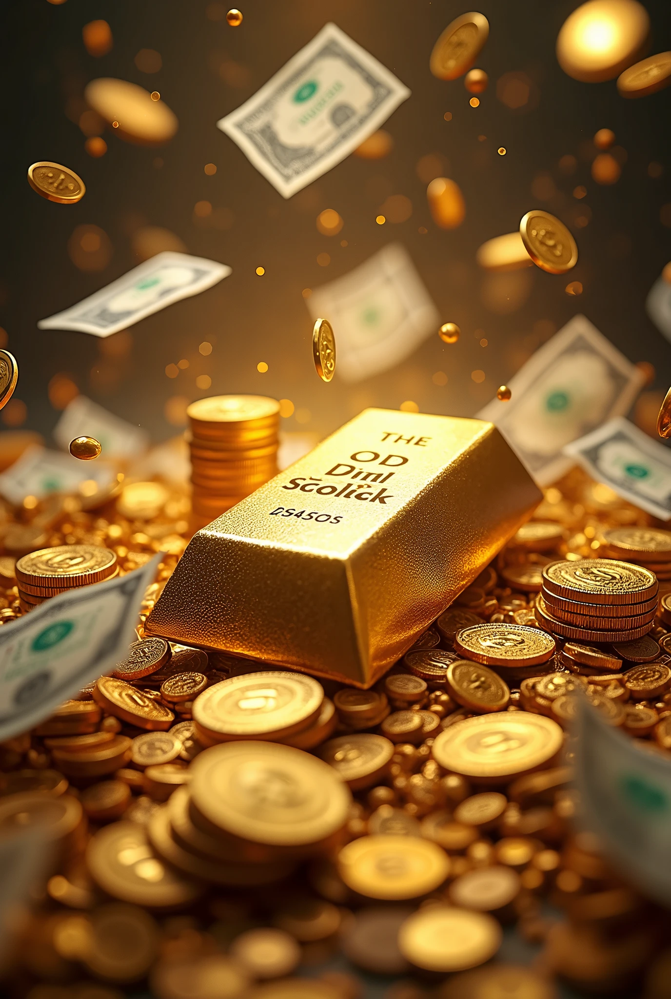 A visually appealing and engaging YouTube video thumbnail featuring a collage of symbols and elements associated with wealth
and prosperity. Surrounded by a wealth of dollar bills, gold bars, and stacks of coins and flying dollar notes, Image need to be 16:9 format.