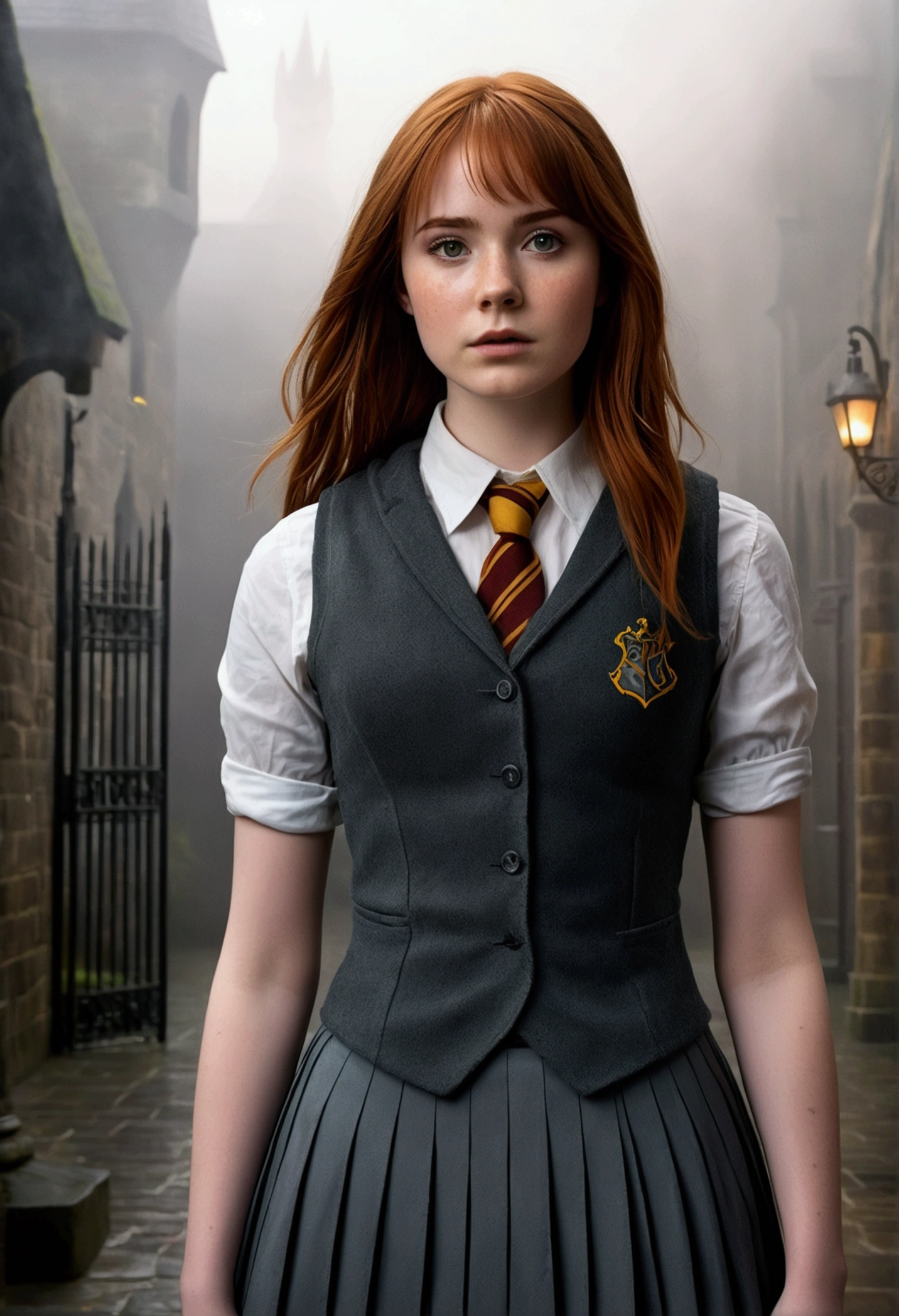 An illustrated movie poster, hand-drawn, full color, a age Hogwarts student, 18-years-old, female, wearing a charcoal vest and a pleated skirt, athletic hourglass figure, full wide hips, massive round butt, long shapely legs, ridiculously thick powerful thighs, vibrant eyes, deep dark auburn hair, thick shaggy bangs, flushed sun-kissed complexion, freckles, resembles Karen Gillan, standing in a foggy Hogwarts courtyard, surrounded by mist, graphite shading, stencil marks, airbrushed acrylic paint, masterpiece, close-up shot, in the style of the Deathly Hallows