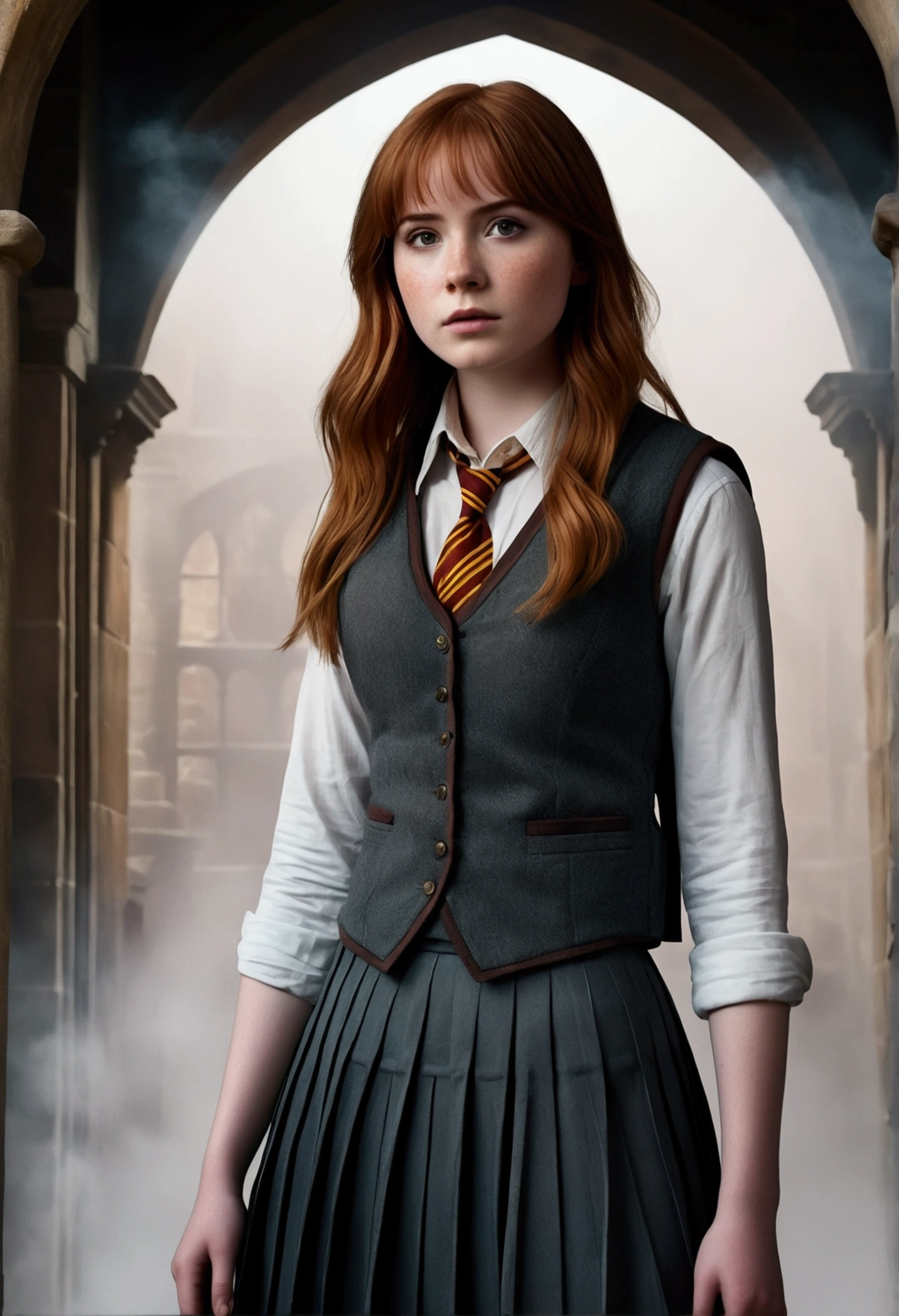 An illustrated movie poster, hand-drawn, full color, a teenage Hogwarts student, 18-years-old, female, wearing a charcoal vest and a pleated skirt, athletic hourglass figure, full wide hips, massive round butt, long shapely legs, ridiculously thick powerful thighs, vibrant eyes, deep dark auburn hair, thick shaggy bangs, flushed sun-kissed complexion, freckles, resembles Karen Gillan, standing in a foggy Hogwarts courtyard, surrounded by mist, graphite shading, stencil marks, airbrushed acrylic paint, masterpiece, close-up shot, in the style of the Deathly Hallows 