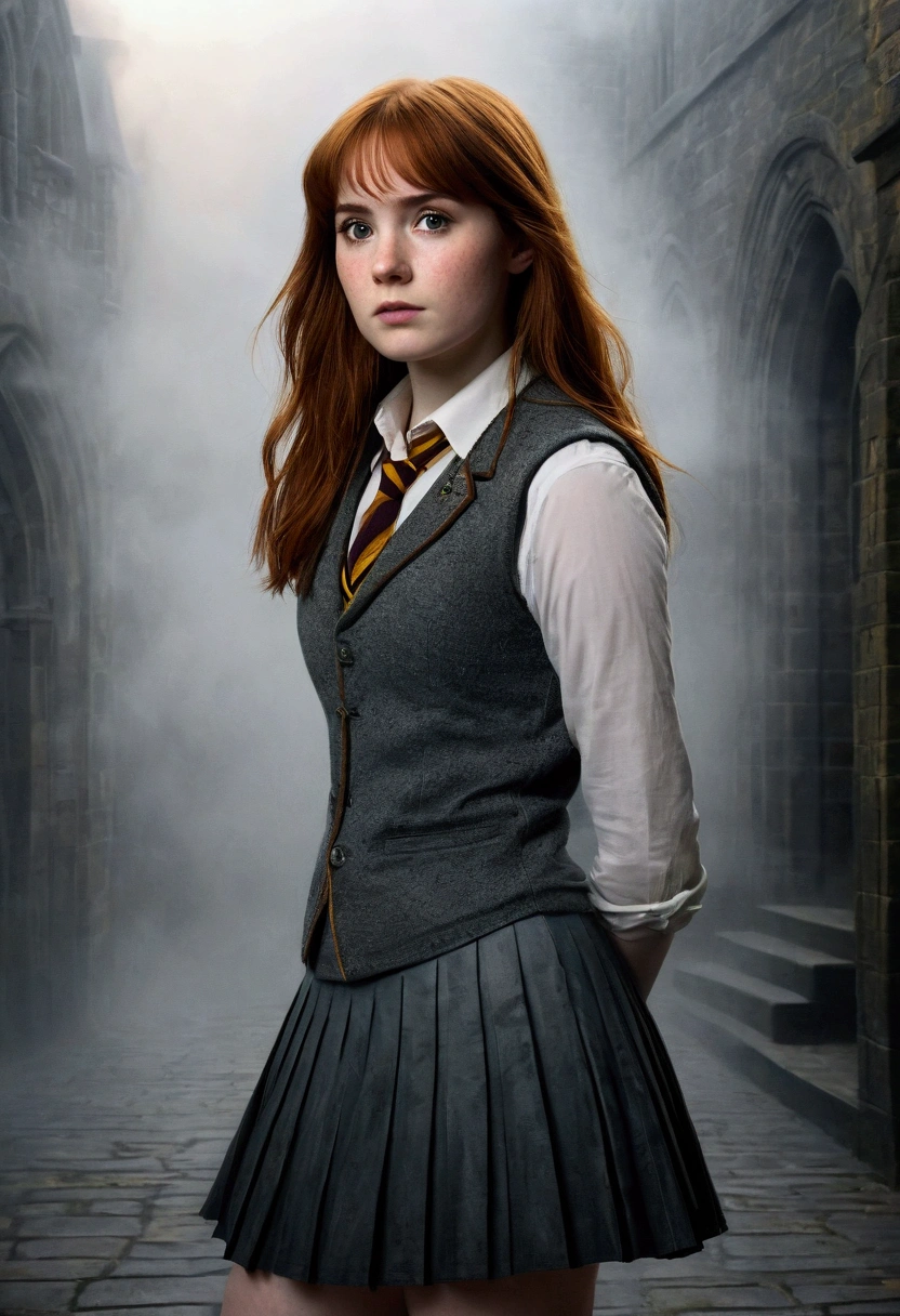 An illustrated movie poster, hand-drawn, full color, a age Hogwarts student, 18-years-old, female, wearing a charcoal vest and a pleated skirt, athletic hourglass figure, full wide hips, massive round butt, long shapely legs, ridiculously thick powerful thighs, vibrant eyes, deep dark auburn hair, thick shaggy bangs, flushed sun-kissed complexion, freckles, resembles Karen Gillan, standing in a foggy Hogwarts courtyard, surrounded by mist, graphite shading, stencil marks, airbrushed acrylic paint, masterpiece, close-up shot, in the style of the Deathly Hallows