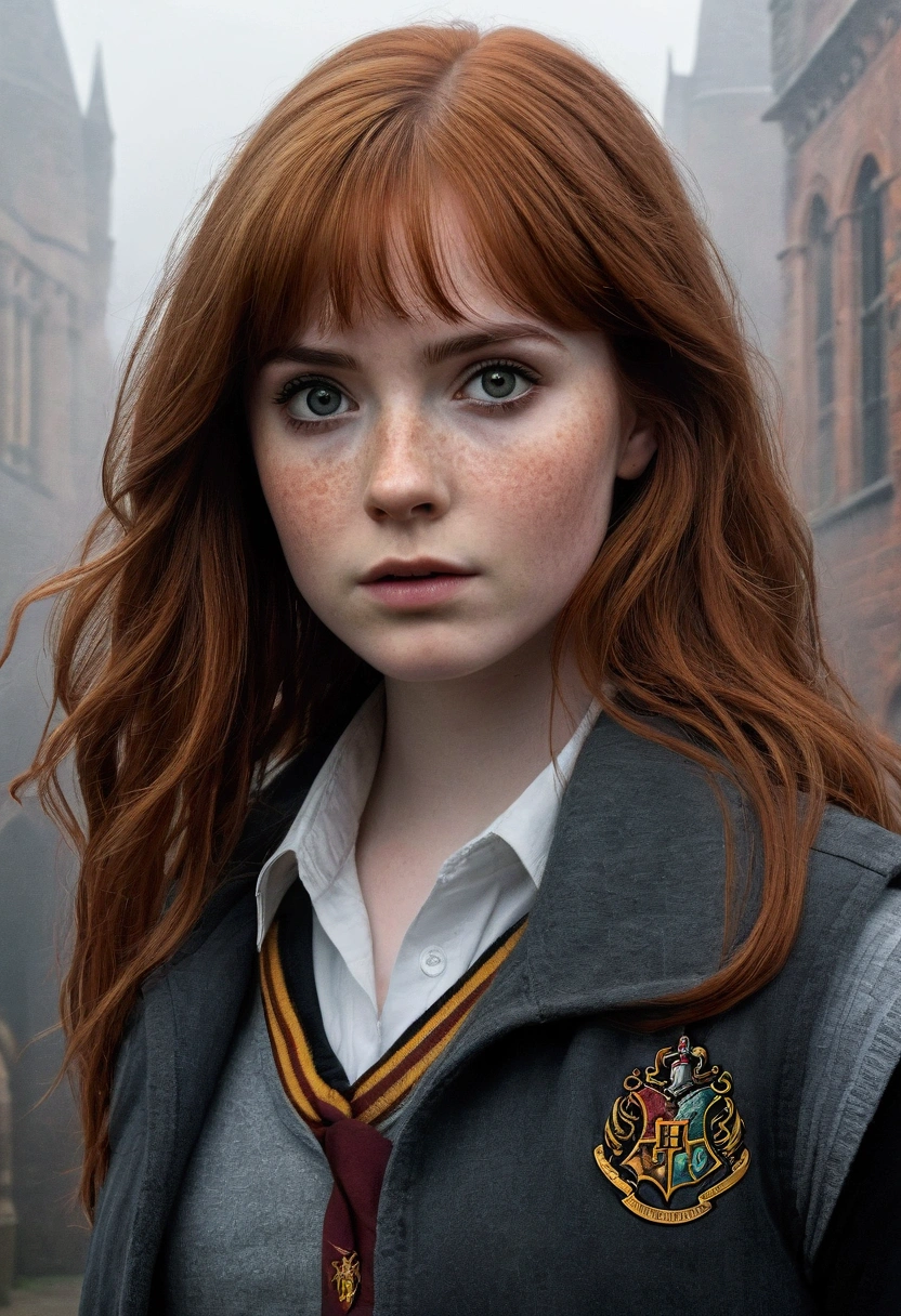 An illustrated movie poster, hand-drawn, full color, a teenage Hogwarts student, 18-years-old, female, wearing a charcoal vest and a pleated skirt, athletic hourglass figure, full wide hips, massive round butt, long shapely legs, ridiculously thick powerful thighs, vibrant eyes, deep dark auburn hair, thick shaggy bangs, flushed sun-kissed complexion, freckles, resembles Karen Gillan, standing in a foggy Hogwarts courtyard, surrounded by mist, graphite shading, stencil marks, airbrushed acrylic paint, masterpiece, close-up shot, in the style of the Deathly Hallows 
