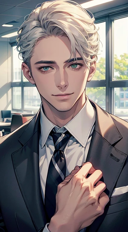 (Highest quality,4K,8K,High resolution,masterpiece:1.2),Super detailed,(Realistic,photoRealistic,photo-Realistic:1.37),1 personld,Mature Men,Beautiful skin、very handsome,Expressionless smile in love,Short white hair,green eyes,Sharp Eyes,A perfect face without a doubt,Businessman, CEO, Office Background,Cinema Lighting,HDR image,tie、