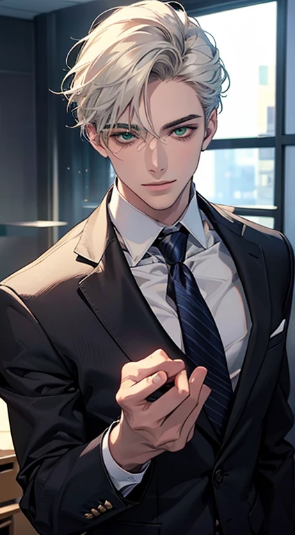 (Highest quality,4K,8K,High resolution,masterpiece:1.2),Super detailed,(Realistic,photoRealistic,photo-Realistic:1.37),1 personld,Mature Men,Beautiful skin、very handsome,Expressionless smile in love,Short white hair,green eyes,Sharp Eyes,A perfect face without a doubt,Businessman, CEO, Office Background,Cinema Lighting,HDR image,tie、