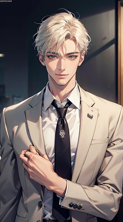 (Highest quality,4K,8K,High resolution,masterpiece:1.2),Super detailed,(Realistic,photoRealistic,photo-Realistic:1.37),1 personld,Mature Men,Beautiful skin、very handsome,Expressionless smile in love,Short white hair,green eyes,Sharp Eyes,A perfect face without a doubt,Businessman, CEO, Office Background,Cinema Lighting,HDR image,tie、