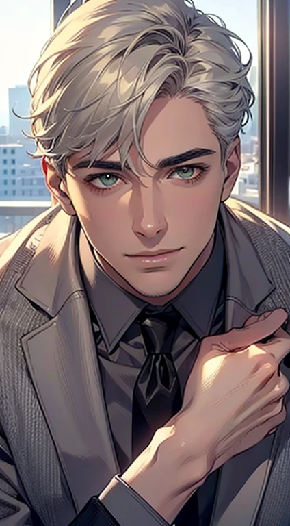(Highest quality,4K,8K,High resolution,masterpiece:1.2),Super detailed,(Realistic,photoRealistic,photo-Realistic:1.37),1 personld,Mature Men,Beautiful skin、very handsome,Expressionless smile in love,Short white hair,green eyes,Sharp Eyes,A perfect face without a doubt,Businessman, CEO, Office Background,Cinema Lighting,HDR image,tie、