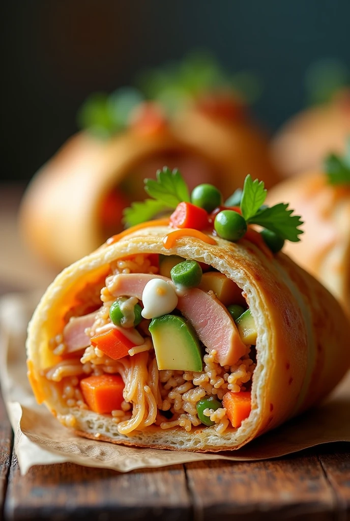 Lima-style cause in the form of a pionono, with avocado inside, tuna, carrot in pieces, shredded chicken,alverjita, decorated with chili cream on the outside