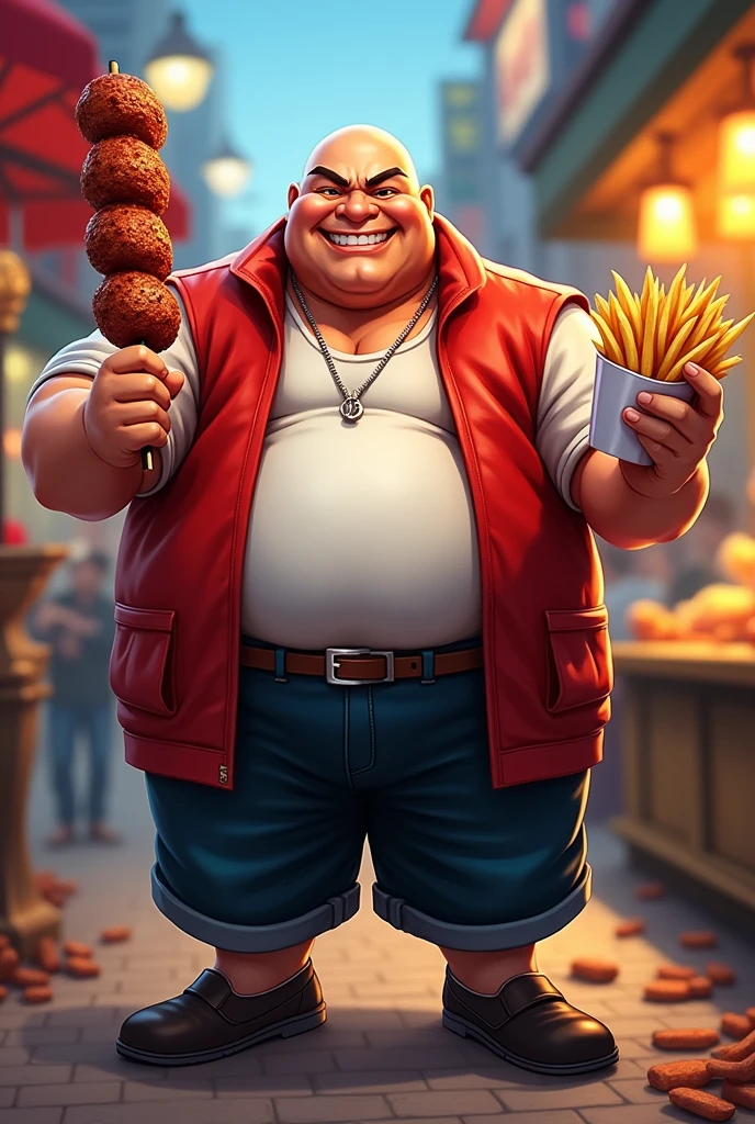 Create the character Chang from the game KoF holding a skewer in one hand and in the other hand holding French fries, make him chubby and bald