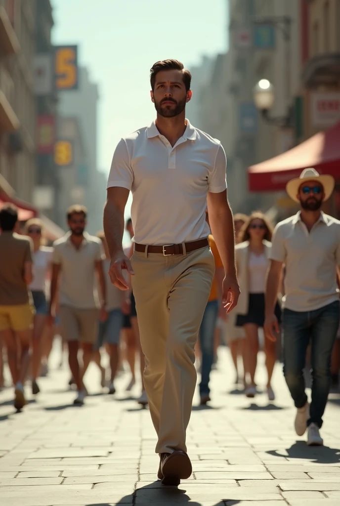 Man in white polo t-shirt, beige pants, brown shoes, belt, walking through crowded street, pedestrians crossing in background, composition embracing dynamic urban life, ultra realistic, cinematic.