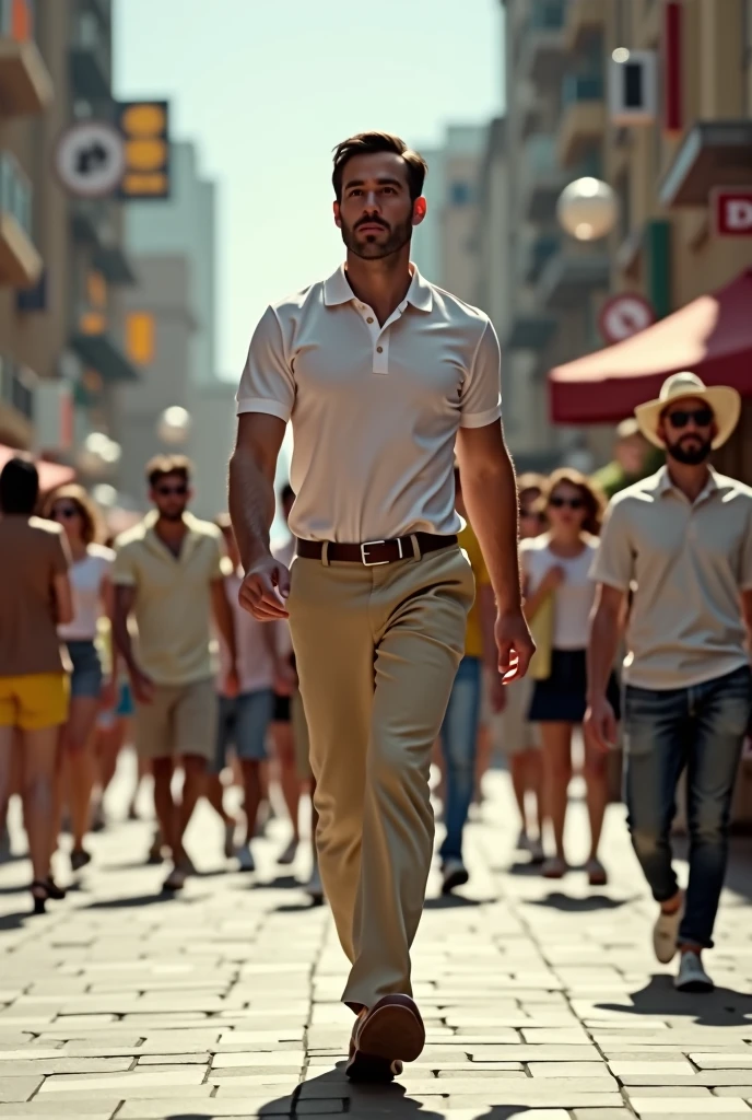 Man in white polo t-shirt, beige pants, brown shoes, belt, walking through crowded street, pedestrians crossing in background, composition embracing dynamic urban life, ultra realistic, cinematic.