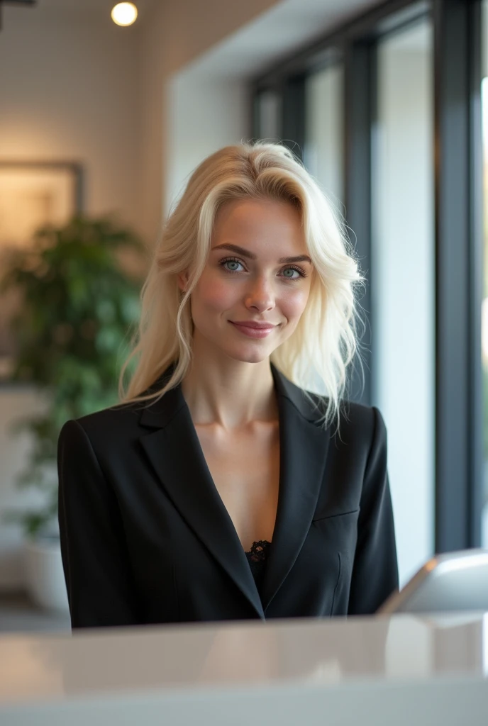 Create a photorealistic, 4K image of a female receptionist in a small modern art gallery. She is 18, , platinum blonde and has intense blue eyes. She is dressed in a modern business suit that is slightly non-traditional with only a slip underneath the jacket. Her appearance looks a lot like a Nordic Emilia Clarke. She always has a wicked smile, like she has something naughty on her mind.