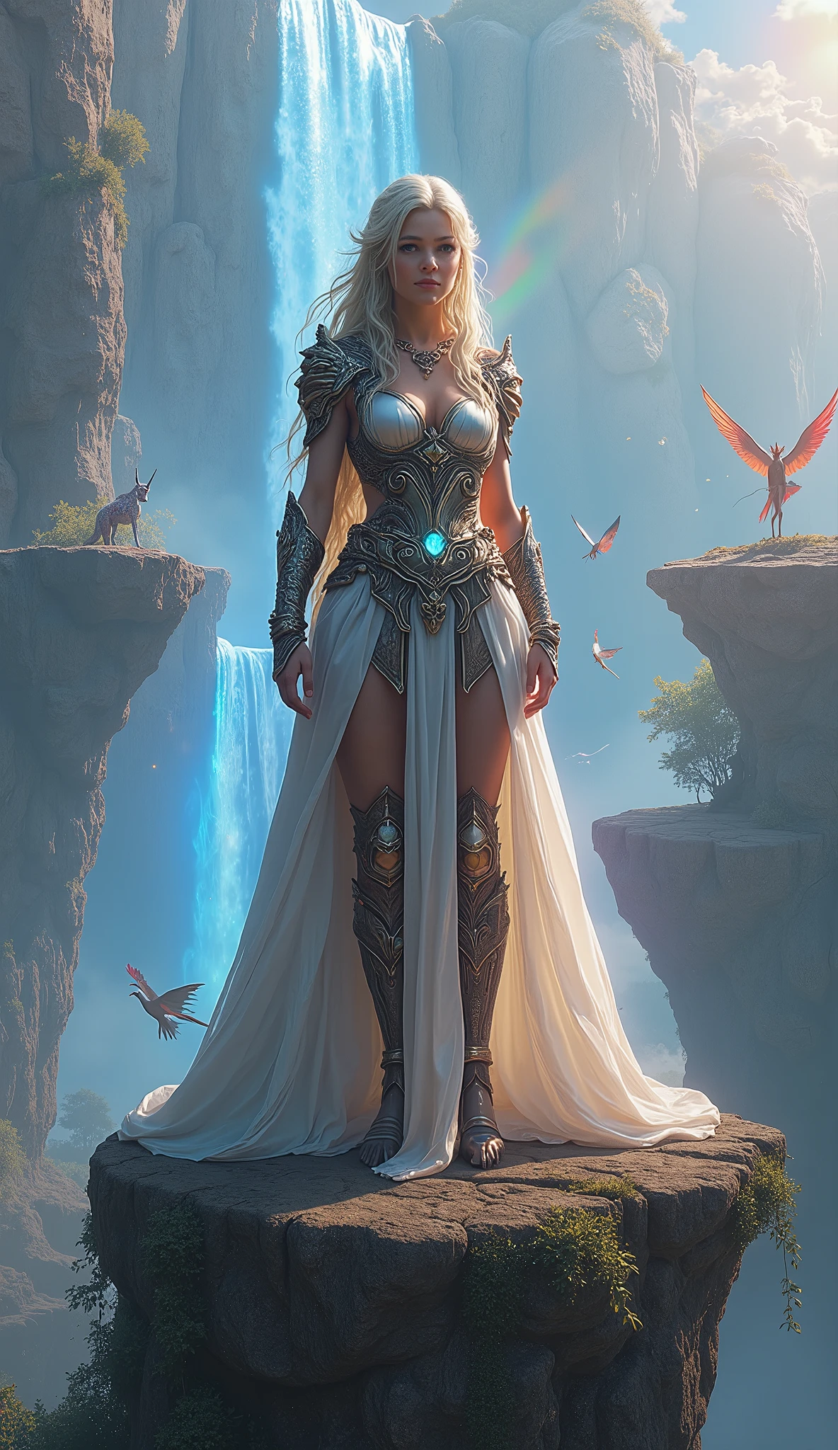 "Generate  a hyper-realistic image of a woman in a vibrant fantasy realm, where she is the guardian of mythical creatures. Her attire is a fusion of elven and warrior elements, adorned with luminous gemstones and intricate patterns. She stands atop a majestic cliff, overlooking a fantastical landscape with floating islands and cascading waterfalls. Surrounding her are magnificent creatures like dragons, phoenixes, and unicorns. The scene is bathed in an ethereal light, with a rainbow spectrum casting a magical ambiance. Every detail, from the subtle reflections in her armor to the delicate features of the mythical creatures, should be rendered with the utmost precision, creating a captivating and immersive fantasy world."