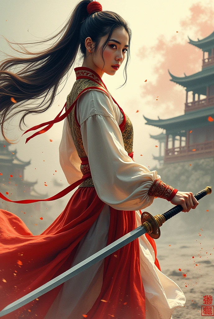 (Photorealistic, RAW, 16K, Masterpiece, UHD), full body, splash-ink tai chi illustration, yin yang illustration, Chinese Wuxia (real sexy Dilraba Dilmurat), ponytail, dramatic angle, looking_at_viewer,(fluttered detailed ink splashs), (illustration),(((1 girl))),(long hair), (Beautiful face), ,(rain:0.6),((expressionless ,Carmine hair ornament:1.4)),(There is a palace far away from the girl),chinese clothes,((focus on the girl)), color Ink wash painting,(ink splashing),(Huaqing splashing),((colorful)),[sketch],best quality, beautifully painted,highly detailed,(denoising:0.7),[splash ink],yin yang, tai chi, perfect hand, perfect fingers, beautiful eyes, ,xuer Ancient golden armor, Dual Sword,Weapon