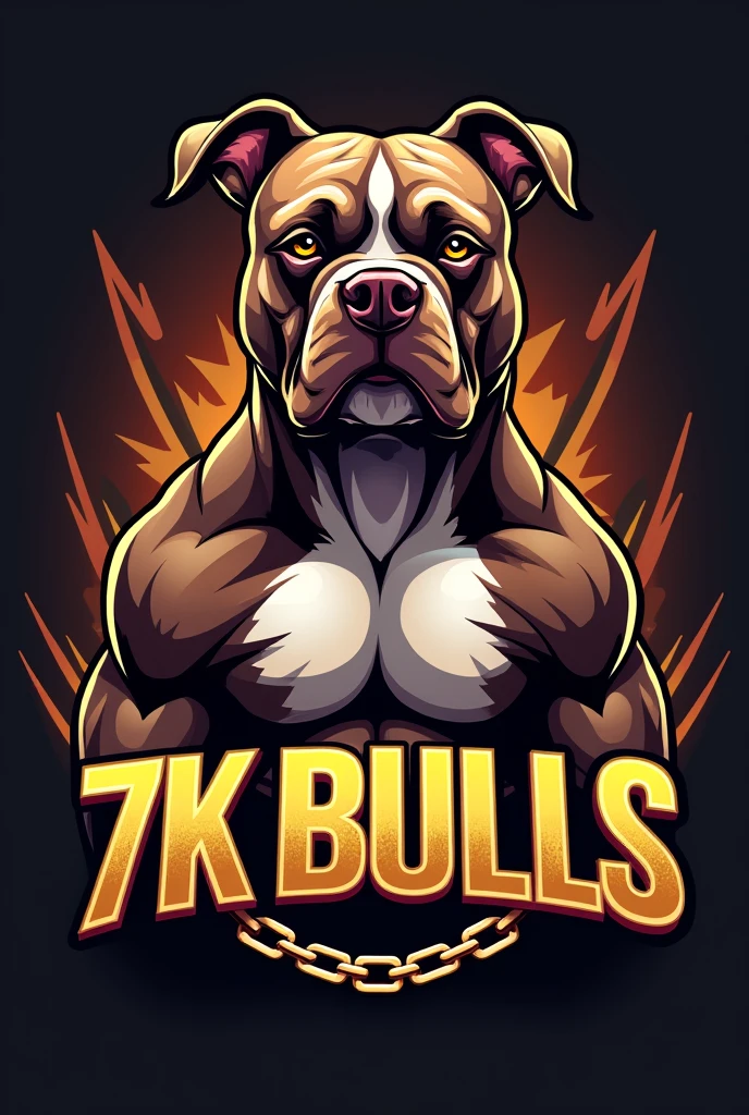 Generate a logo for a dog kennel, Eye-catching logo and gold chains, chocolate colored dogs, Exotic American Bully Breed, short snout, marked forehead, muscular, extra muscular, cropped ears like a pitbull, , The name that will be on the logo is 7K Bulls,