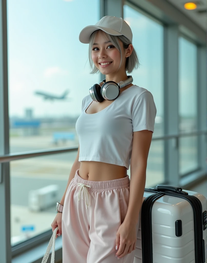 RAW photo, best quality, masterpiece, photorealistic, best lighting, Polish girl, 20 years old, detail face, detail eyes, light gray eyes, light gray hair, short cut, Symmetrical eyes, huge breasts, Plane flying through large window, side view, smiling, hair pulled back, white cap pulled low, silver headphones around neck, white crop top, bare midriff, pale pink wide sweatpants, silver handbag hanging from large white suitcase, airport lounge, standing and posing, full body, gel nails, accessories