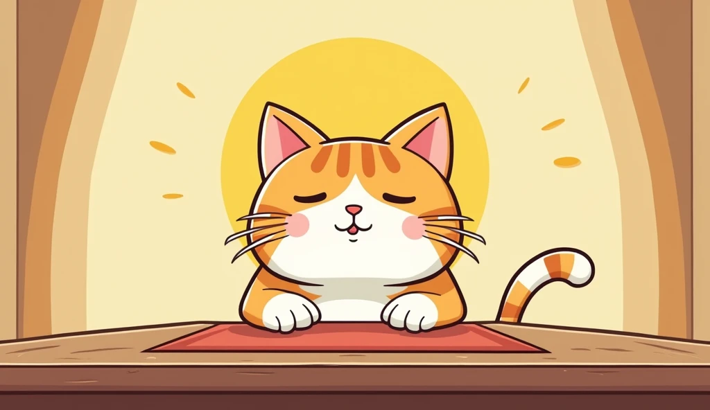 An anthropomorphic cat,On the streets of Taiwan,Worshiping devoutly behind a big table。Flat colorful vector drawing in Sumikko Gurashi style,Super thick line stroke、 Childlike、cute、vivid 、minimalist background