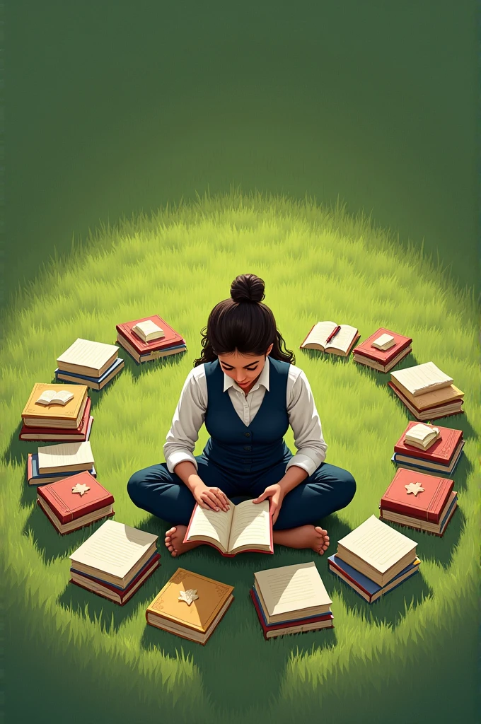 Teacher sitting with books on the green area floor and Al founded a school with a heart around it