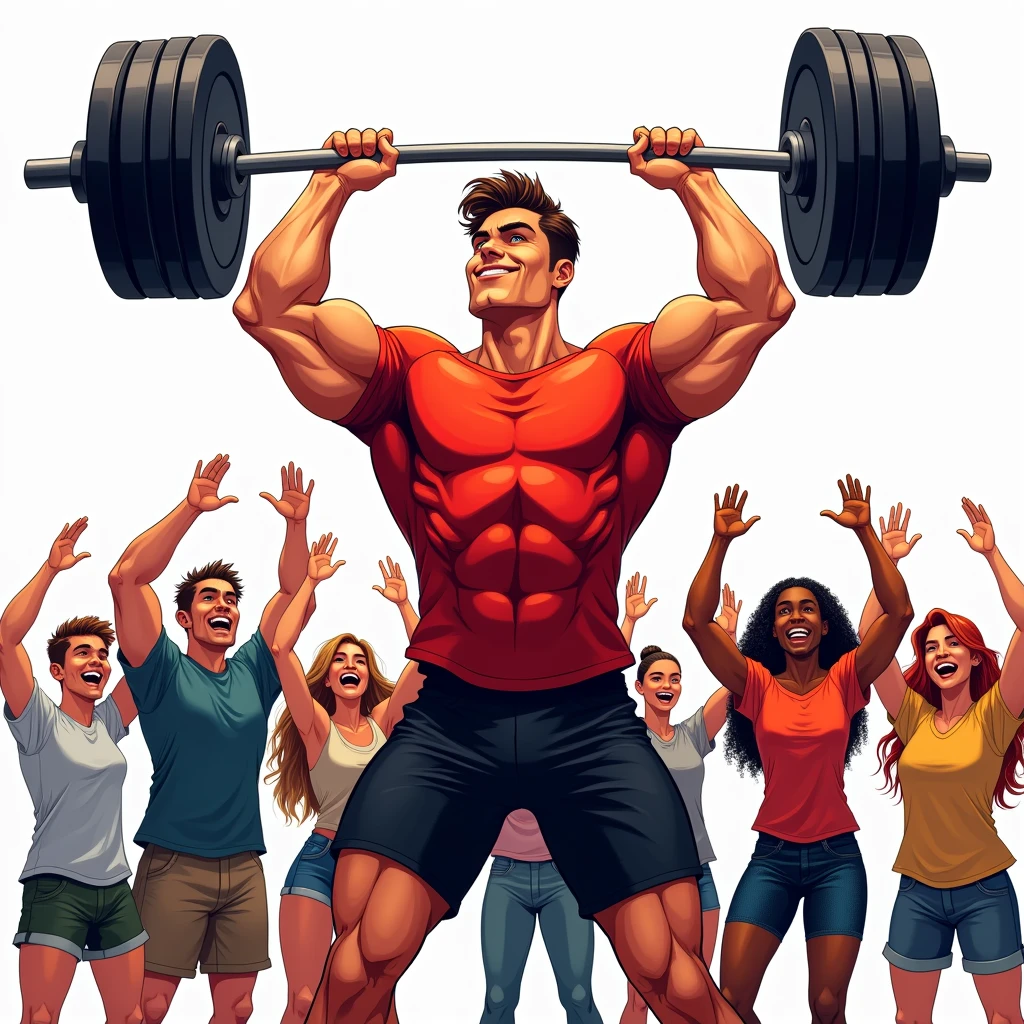 comic art style, best quality, masterpiece, full body image of handsome young man wearing red tshirt and black shorts, (lifts barbell), four friends cheering him on from beside, perfect fingers, perfect hands, perfect face, perfection, white background