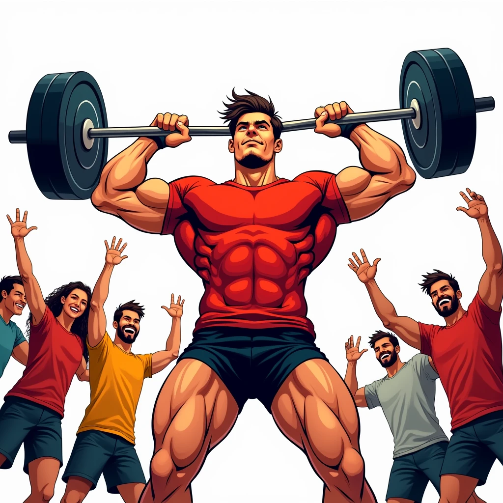 comic art style, best quality, masterpiece, full body image of handsome young man wearing red tshirt and black shorts, (lifts barbell), four friends cheering him on from beside, perfect fingers, perfect hands, perfect face, perfection, white background