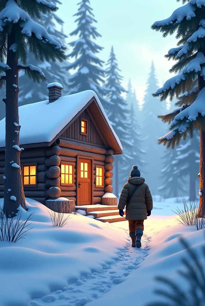 Create a horizontal animated image of a man entering a cabin