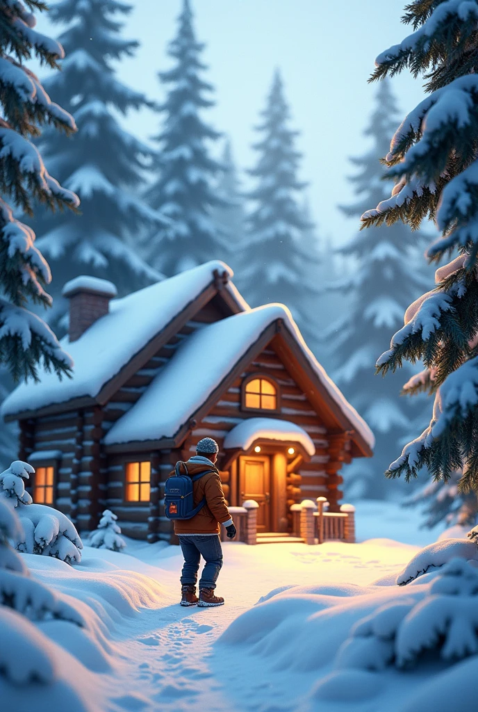 Create a horizontal animated image of a man entering a cabin