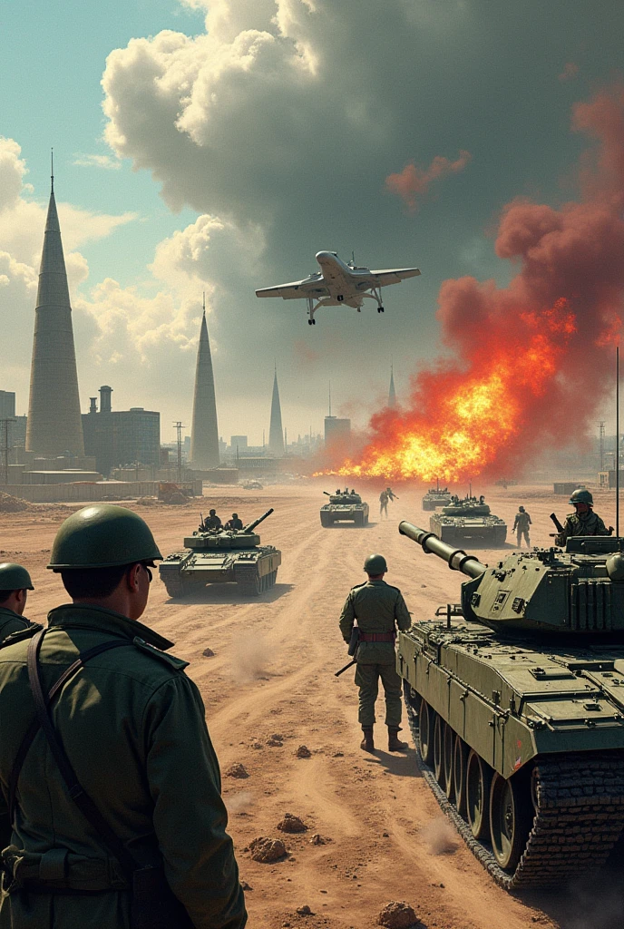 The drawing illustrates the arms race as a tense conflict between two great nations. 