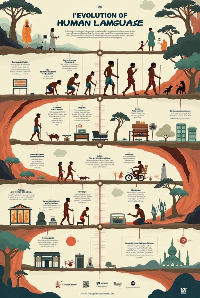 An image showing a timeline connecting the different stages of language, from prehistoric gestures to modern digital communication.

